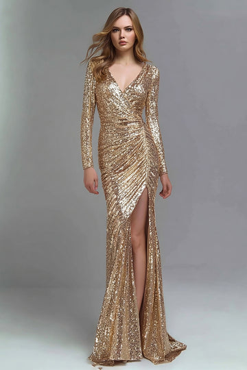 Sparkly Sheath Long Sleeve V-Neck Ruched Gold Formal Dress With Slit